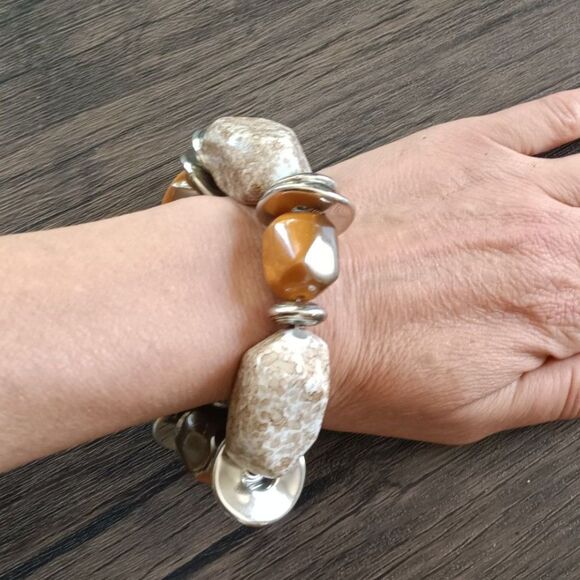 Chunky Artsy Boho Orange Simulated Stone Silver Tone Beaded Stretch Bracelet - Picture 1 of 7